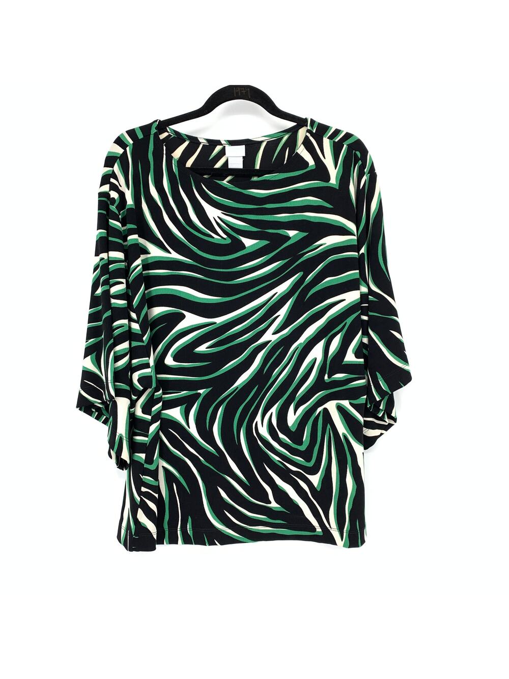 Chicos Travelers 3/4 Flared Sleeve Top Womens Size 2 US 12/14 Black Green Swirl